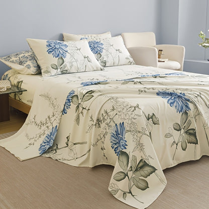Floral Bedding Set 4-Piece – 1 Fitted Sheet + 1 Flat Sheet + 2 Pillowcases | Soft Breathable Polyester | All-Season Flower Print Bed Sheet Set | Machine Washable | Twin Full Queen King