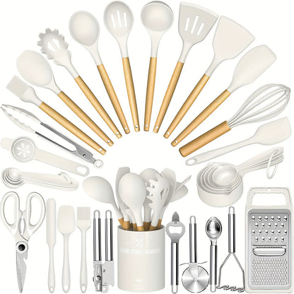 Silicone Kitchen Utensils Set 34-Piece with Holder – Heat Resistant Cooking Spatula Tools for Nonstick Cookware | Wooden Handle Kitchen Gadgets | Father's Day & Housewarming Gift
