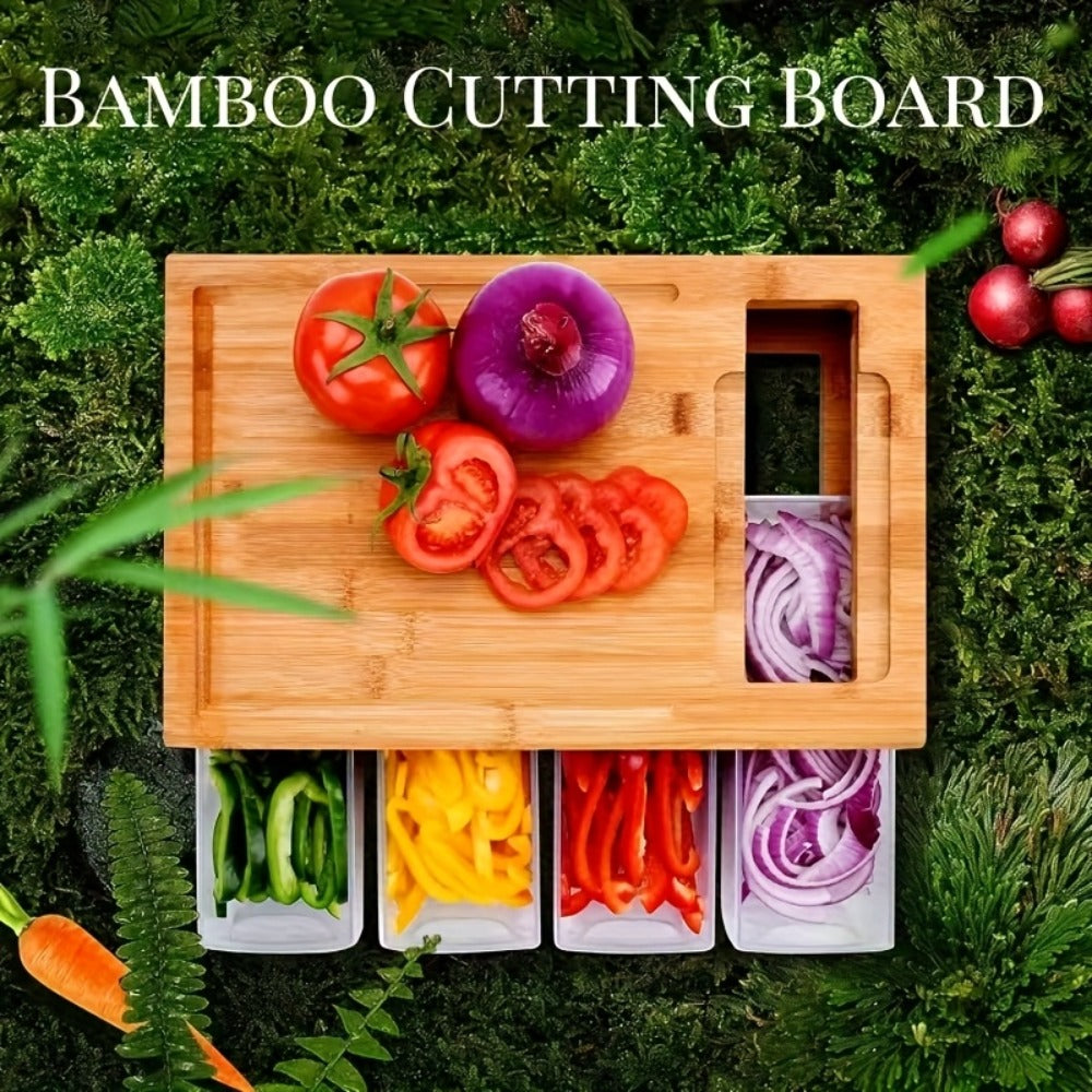 Bamboo Cutting Board with Food Container, Cheese Grater & Juice Groove - Large Wooden Chopping Board Set with Storage Box, Drain Tank for Vegetables Meat Cheese, Kitchen Prep Board with Hand Grip