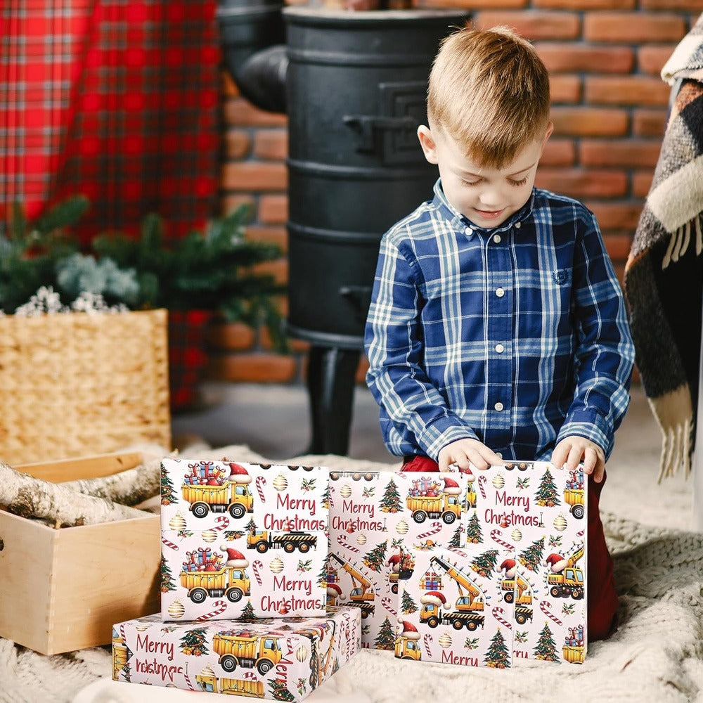 Christmas Wrapping Paper Construction Vehicles - Dump Trucks Excavators Tractors Gift Wrap for Boys Girls, 58"x23" Roll (28.5 Sq Ft)