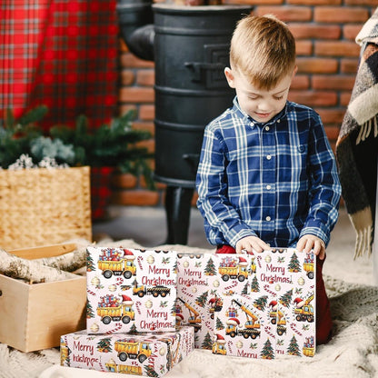 Christmas Wrapping Paper Construction Vehicles - Dump Trucks Excavators Tractors Gift Wrap for Boys Girls, 58"x23" Roll (28.5 Sq Ft)