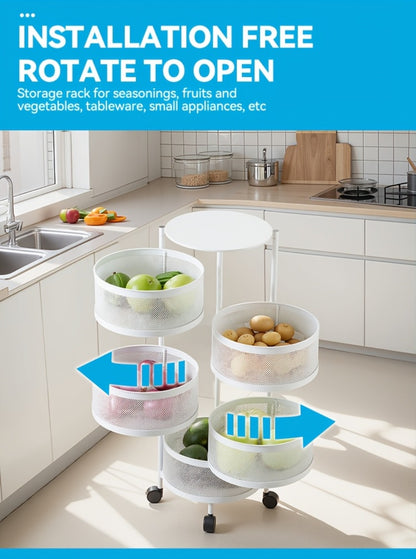 Rotating Storage Rack Multi-Tier Rolling Cart – 360° Swivel Round Floor Standing Organizer with 4 or 5 Layers, Vegetable Basket & File Rack for Kitchen, Bathroom, Office & Living Room (Black / White)