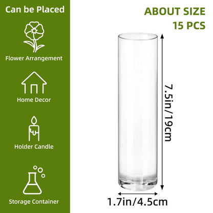 Clear Glass Cylinder Vases 15 Pcs - 7.5 Inch Tall Borosilicate Glass Flower Vase Bulk Set for Wedding Centerpieces, Floating Candle Holders, Table Decor, Party & Home Decoration