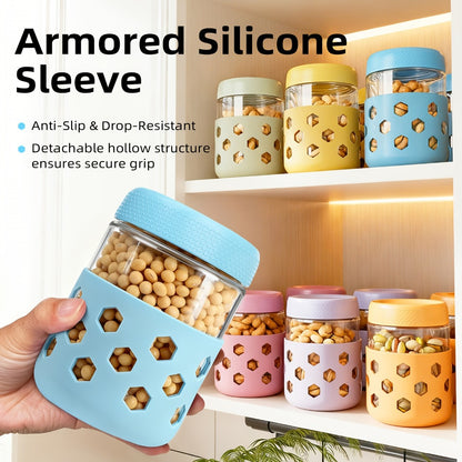Glass Airtight Jars 6 Pack 16oz - Moisture Proof Food Storage Containers with Screw Top Lids and Silicone Sleeves for Tea Grains Nuts Snacks and Yogurt, Clear Round Glass Canisters for Kitchen Pantry Counter Organization