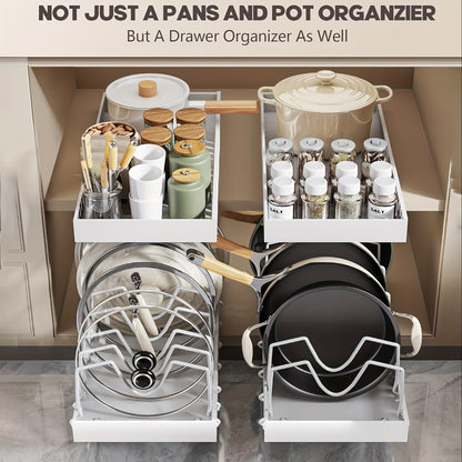 Pull-Out Pot and Pan Lid Rack Cabinet Sliding Storage Organizer - Kitchen Cabinet Slide-Out Box with 8/16 Adjustable Dividers for Lids, Baking Tools & Plates, Black or White, 1 or 2 Pack