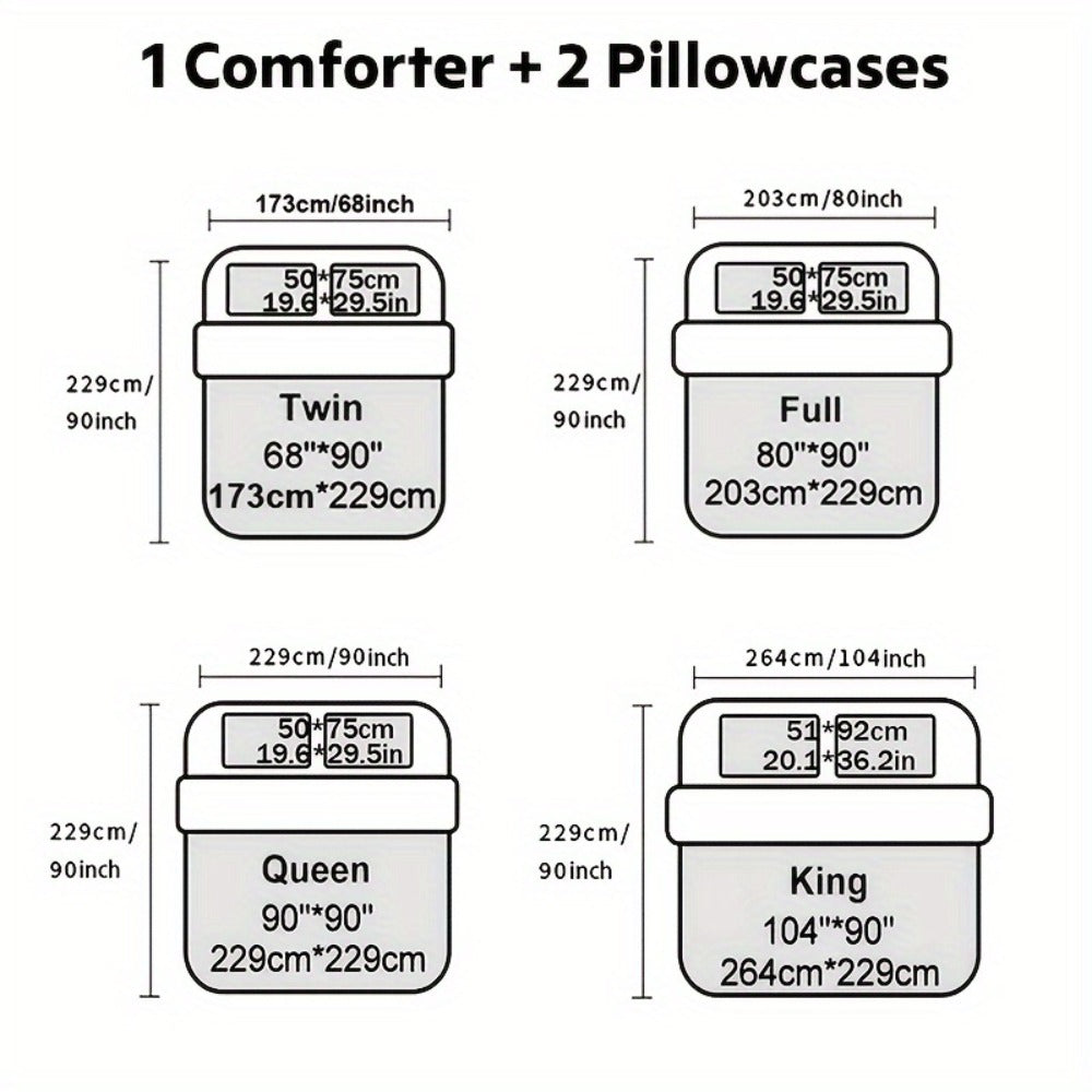 Comforter Set 3-Piece – Soft Breathable Quilt with 2 Pillowcases, Black Grey Color Block Crown Letter Print, Twin Full Queen King, 180GSM Bedroom Bedding Set