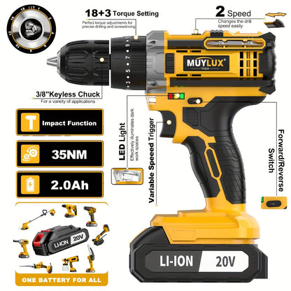 20V Cordless Drill Set Impact Power Drill 3/8 Inch Keyless Chuck 18+3 Clutch 45Nm Max Torque 2-Speed Work Light 2.0Ah Battery Fast Charger 136 148 PCS Kit
