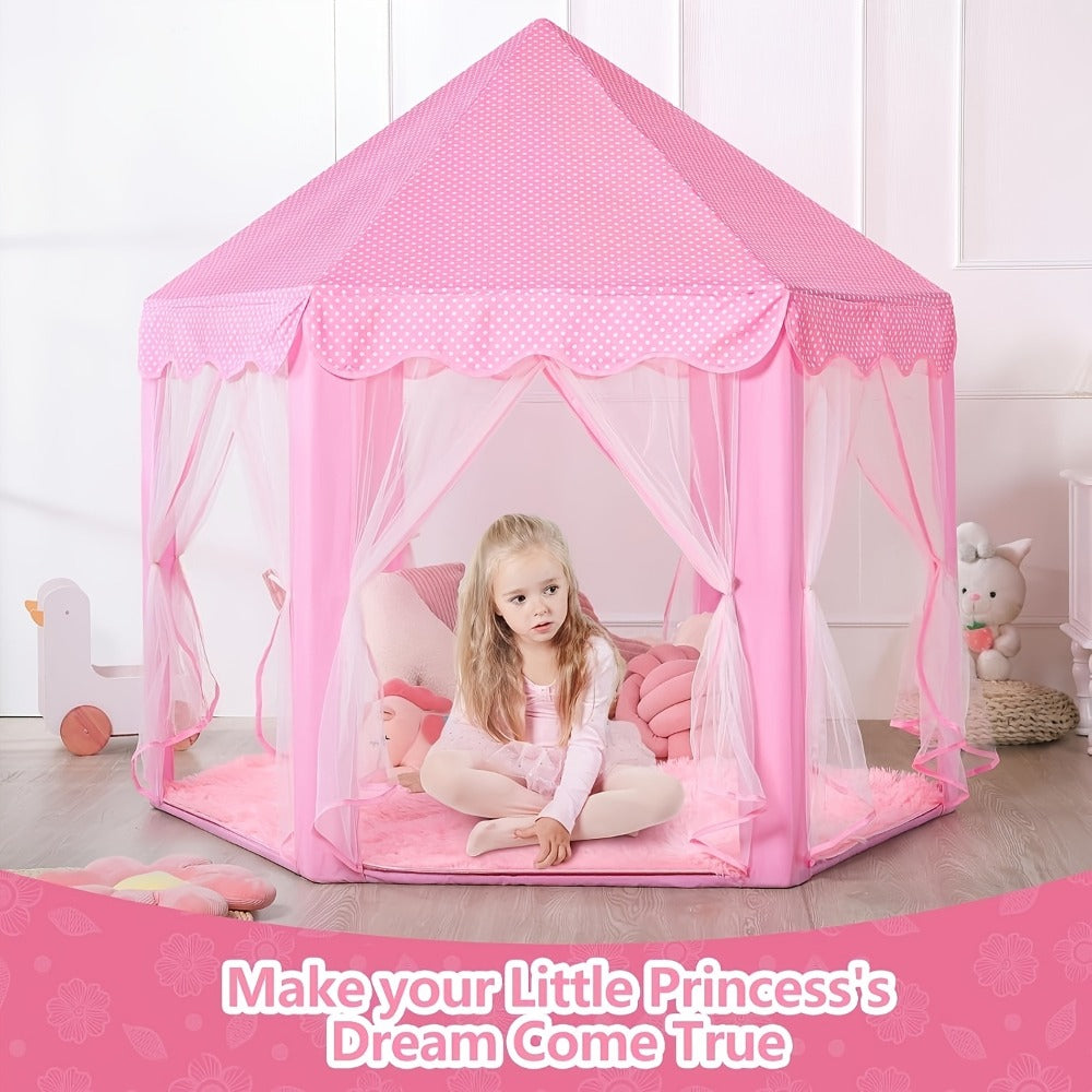 Kids Princess Tent Hexagonal Play Tent with Sheer Door Curtain – Flower Pattern Mosquito Net Castle for Girls, Indoor Outdoor Playhouse Canopy Bed Tent