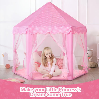 Kids Princess Tent Hexagonal Play Tent with Sheer Door Curtain – Flower Pattern Mosquito Net Castle for Girls, Indoor Outdoor Playhouse Canopy Bed Tent