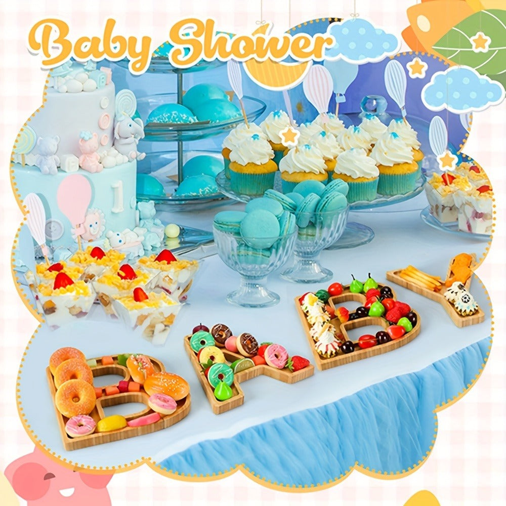 Baby Shower Charcuterie Board Set – 4-Piece BABY Letter Shaped Wooden Serving Tray, Bamboo Snack Platter for Gender Reveal, Birthday Party, Cake & Cookie Display