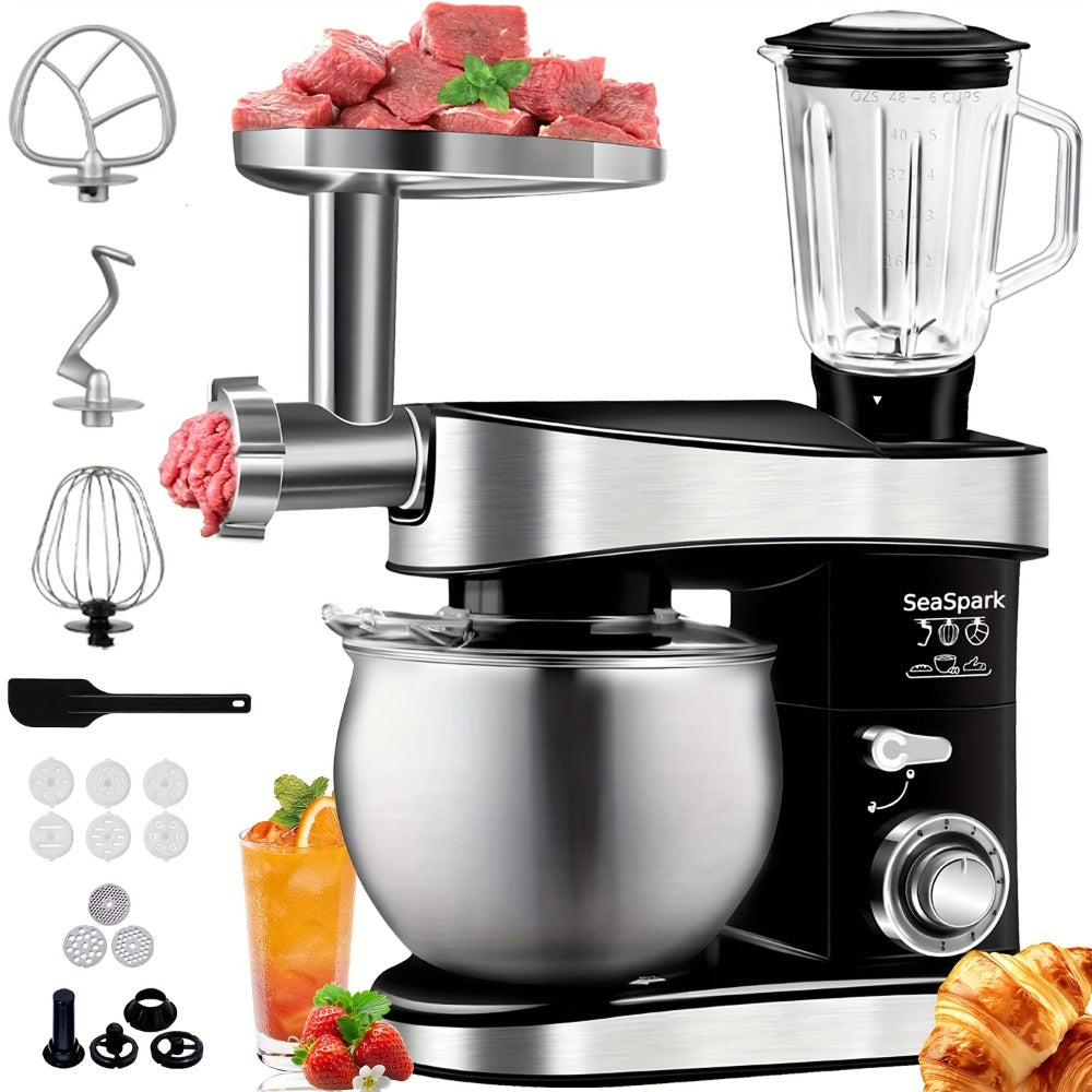 Stand Mixer 6-in-1 400W with 6.3QT Stainless Steel Bowl – 6-Speed & Pulse Tilt-Head Kitchen Mixer with Dough Hook Beater Whisk Juicer Meat Grinder Noodle Press | Electric Food Mixer Black Red Purple Silver