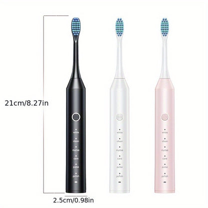 Rechargeable Toothbrush – 6 Cleaning Modes, 500mAh Lithium Battery, USB Charging, Soft Bristles, 4 or 8 Brush Heads, Black White Pink Electric Toothbrush for Adults Deep Clean & Whitening
