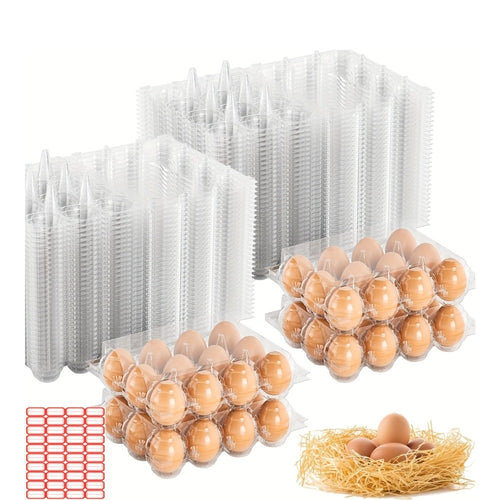 52/104-Pack Clear Plastic Egg Cartons Bulk with Sticker Labels - Reusable 12-Count Egg Containers for Home Farm Market Display