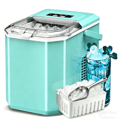 Countertop Ice Maker 26.5 Lbs Per Day - 9 Ice Cubes Ready in 6 Minutes, Portable Ice Machine with Self-Cleaning, 2 Ice Sizes S/L, Compact Ice Maker for Home Kitchen Office Bar RV - Green