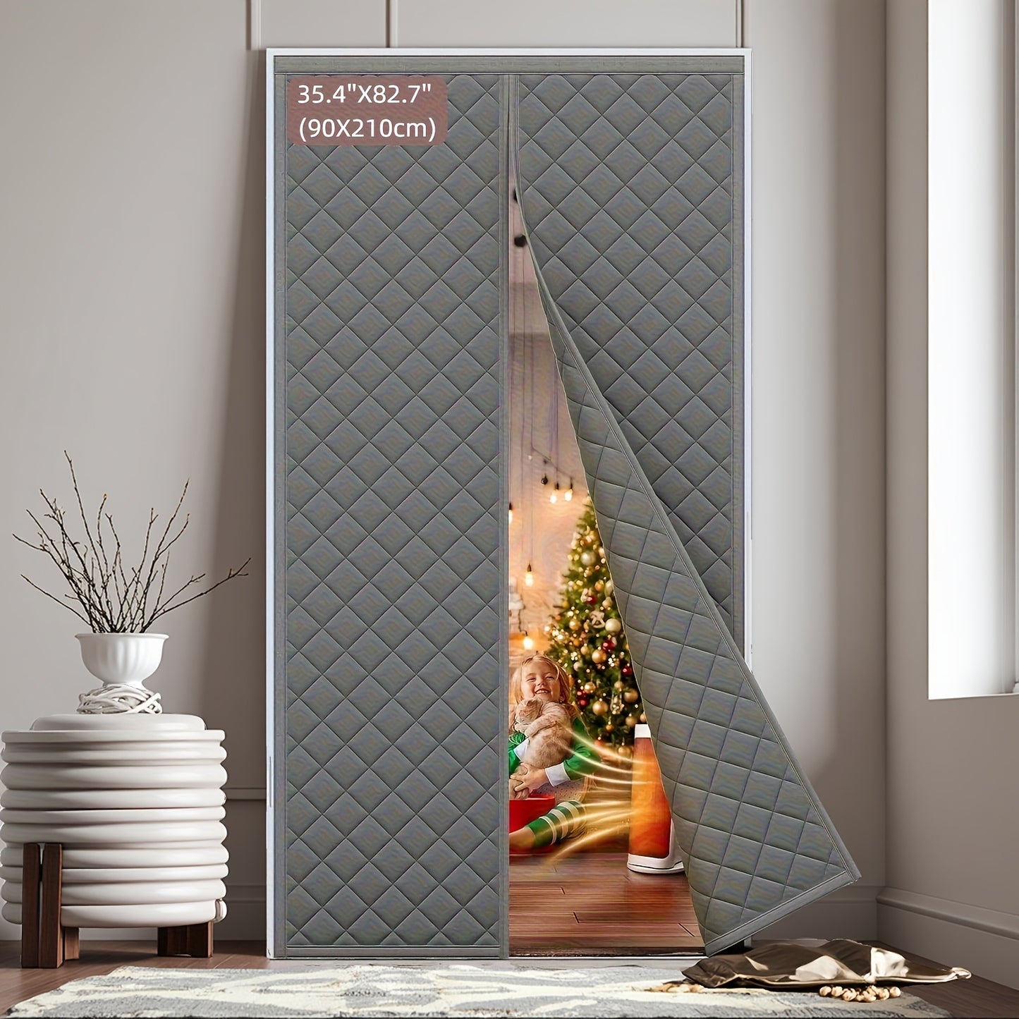 Thermal Insulated Door Curtain Magnetic Closure Knit Plaid Pattern – Windproof Insulation Blanket for Front Door, Sliding Glass, Patio & French Doors, Keep Cold Out, Grey & Brown, Multiple Sizes