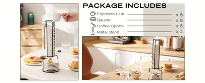 Espresso Cups Set of 6 with Saucers, Spoons & Metal Stand, 4oz Stackable Ceramic Cappuccino Mugs for Double Espresso, Lungo & Afternoon Tea – Matte Black & Matte White