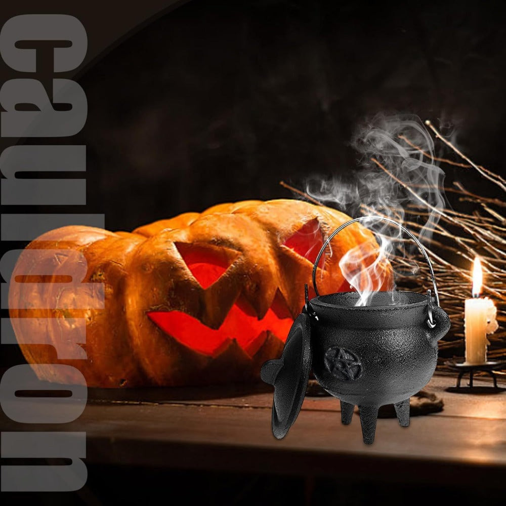 Cast Iron Cauldron with Lid & Handle – Witchcraft Incense Burner, Spell Ritual Pot, Halloween Decor, Pentagram & Triple Moon Styles, Pagan Altar Cauldron