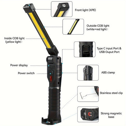 COB LED Work Light Magnetic Base Rechargeable USB 20000 Lumens 7 Modes 180° Rotation Portable Hanging Flashlight with Built-in Battery Power Bank Function for Workshop Garage Car Repair 1/2/4 Pack