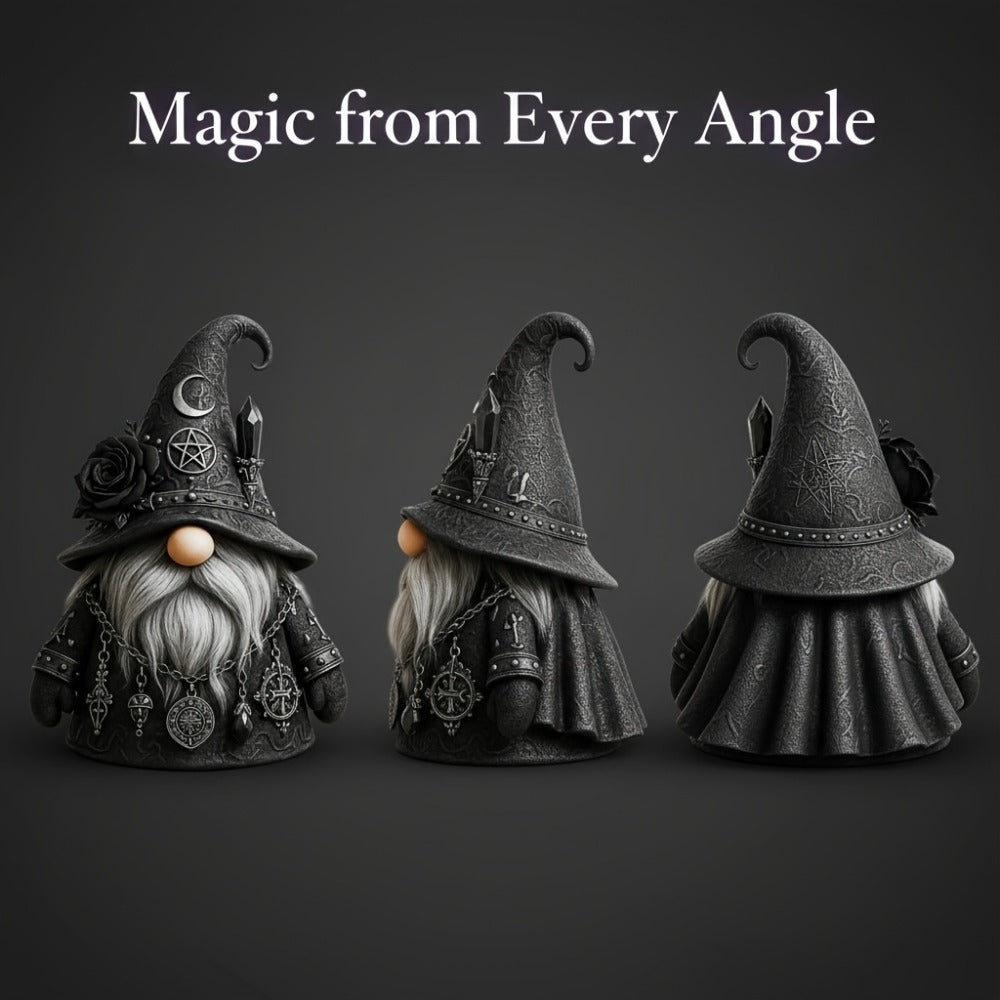 Resin Figurine Gothic Elf Dwarf Statue – Vintage Fantasy Desktop Ornament with Crescent Pentagram Black Rose Gray Beard – Mysterious Collectible Sculpture for Home Office Shelf Decor Gift