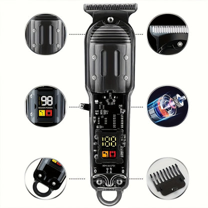 Professional Hair Cutting Kit for Men - Transparent USB Rechargeable Hair Clipper with LCD Display, T-Blade Trimmer, Electric Shaver, 4 Guide Combs & Cleaning Brush - Home Barber Grooming Gift Set