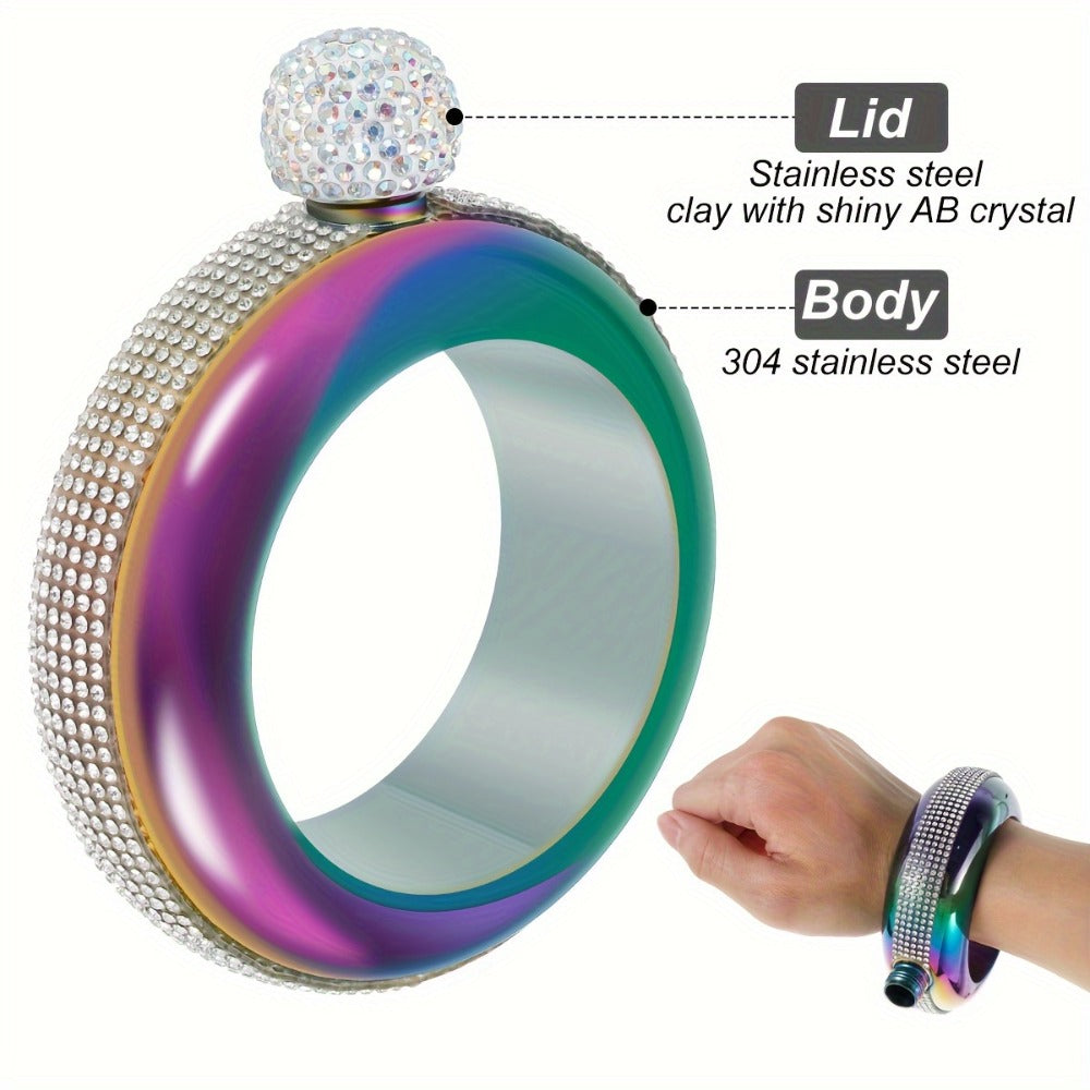 Bracelet Flask for Women, 3.5oz Stainless Steel Bangle Hidden Flask with Rhinestone Lid — Wearable Portable Liquor Flask for Parties, Concerts & Festivals | Purple, Gold, Silver