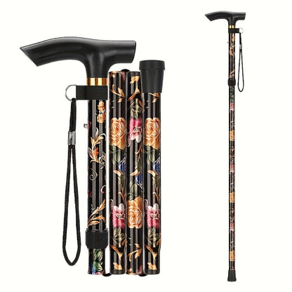 Foldable Walking Cane for Seniors Adjustable Height Folding Stick with Wrist Strap T-Handle Printed Design Portable Lightweight Mobility Aid Gift for Parents