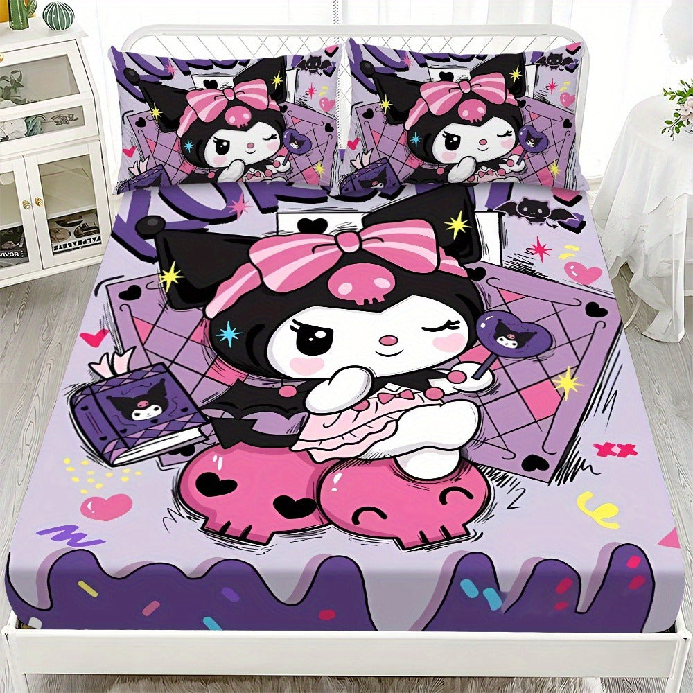 Sanrio Hello Kitty & Kuromi Bedding Set 3pcs – Fitted Sheet & Pillowcases, Soft Polyester, Machine Washable, Twin Full Queen King, All-Season Bedroom Decor for Kids Girls Home Guest Room