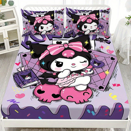 Sanrio Hello Kitty & Kuromi Bedding Set 3pcs – Fitted Sheet & Pillowcases, Soft Polyester, Machine Washable, Twin Full Queen King, All-Season Bedroom Decor for Kids Girls Home Guest Room