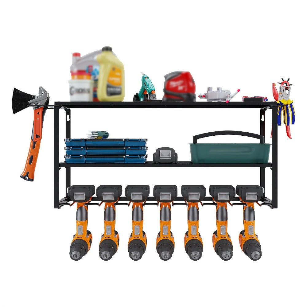 Wall Mount Power Tool Storage Rack, Heavy-Duty 150 Lb Steel 3-Tier & 4-Tier Garage Tool Organizer with 7 Bit Holders – Workshop Shed Basement Wall Storage