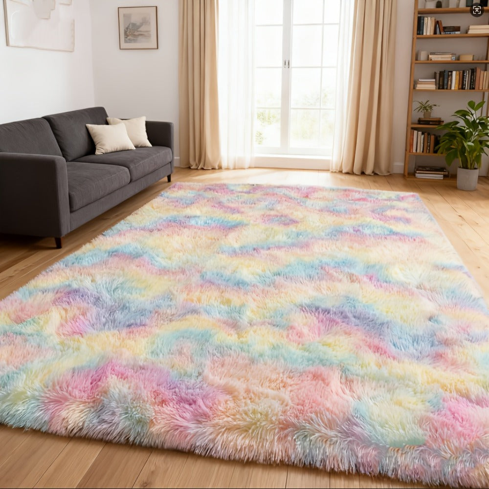 Rainbow Tie Dye Shag Area Rug – Soft Fluffy Non-Slip Machine Washable Carpet for Living Room Bedroom Home Office