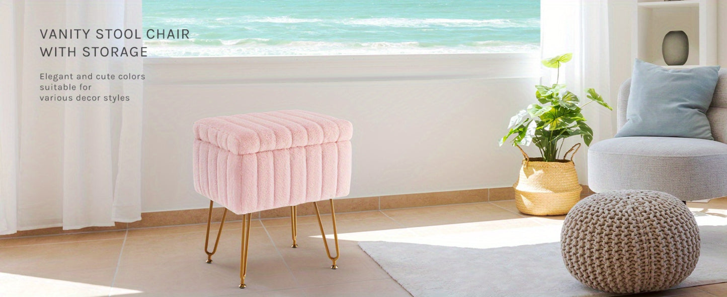 Faux Fur Storage Ottoman Stool – Soft Furry Vanity Seat with Storage, 4 Metal Legs & Non-Slip Feet – Cute Modern Multi-Function Chair for Bedroom, Vanity & Living Room