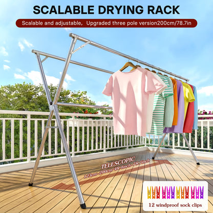 Clothes Drying Rack Collapsible Freestanding, Heavy Duty Stainless Steel Laundry Drying Rack Indoor Outdoor, Adjustable Garment Rack 63" & 79" with Clips