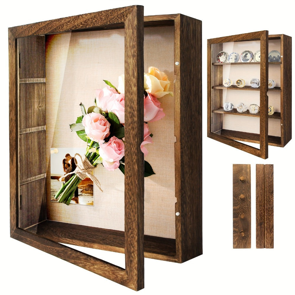 Shadow Box Frame with Linen Back – Large Rustic Memory Display Case 11x14 & 12x16 Inch for Photos, Medals, Coins, Pins, Flowers & Collectibles, 4 Removable Shelves, Black White Brown
