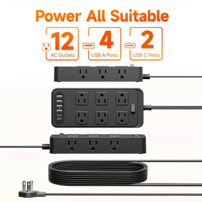 Charging Station Power Strip 18-in-1 with 12 AC Outlets 4 USB-A 2 USB-C Ports Surge Protector Flat Plug 5FT PVC Extension Cord Fire-Resistant for Home Office Travel Desk White Black