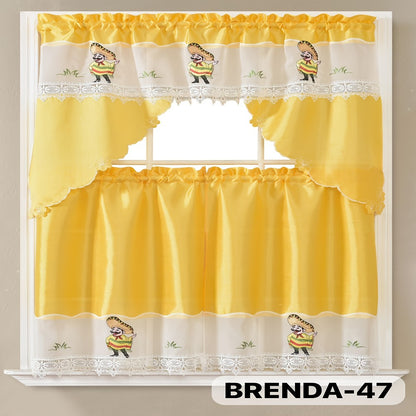 Kitchen Curtains 3 Piece Set Embroidered Satin Valance and Tiers - Rod Pocket Light Filtering Machine Washable 46 Colors Available All Season Home Decor
