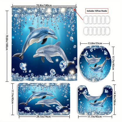 4pcs Dolphin Shower Curtain Set with Non-Slip Bath Mat, Toilet Rug & 12 Hooks – Waterproof Bathroom Decor Gift Set