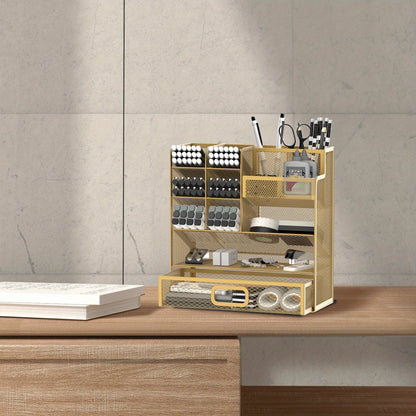 Mesh Desk Organizer with Drawer – Multifunctional Desktop Pen Holder & Office Supply Organizer for Home Office, School & Art Studio – Pencil Cup Caddy with Storage Compartments, Multiple Colors Available