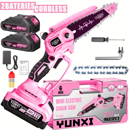 Mini Chainsaw 6 Inch 21V Cordless Battery Powered | Handheld Electric Chain Saw for Tree Branch Trimming Wood Cutting | Lightweight Portable Pruning Saw Pink