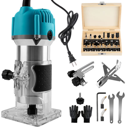 Wood Router 800W Compact Electric Router Tool - 30000 RPM with 15pcs 1/4" Router Bits for Woodworking, Trimming, Carving & Engraving