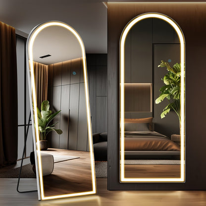 Full Length Mirror Floor Standing with LED Light - Arched & Rect Aluminum Frame Dressing Mirror for Bedroom Living Room, Black/Golden/White