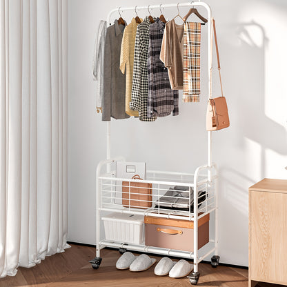 Rolling Laundry Basket with Wheels and Hanging Rack, Laundry Sorter Cart with Shelf and Locking Casters, Heavy Duty Steel Frame, Multifunctional Clothes Hamper for Laundry Room Bedroom Bathroom, White Black Silver