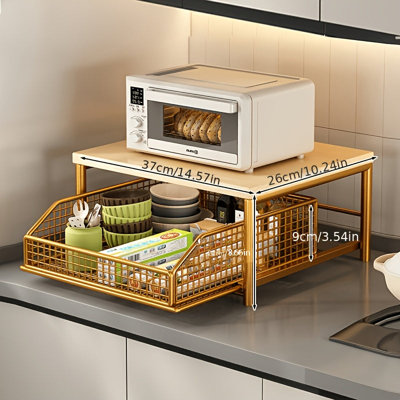 2-Tier Kitchen Countertop Organizer with Drawer & Wire Basket – Hardwood & Metal Storage Shelf for Coffee Maker, Utensils & Spices