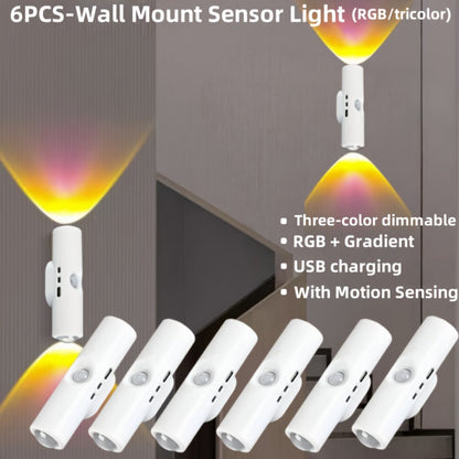 Cat Eye LED Wall Light Motion Sensor – 6 Pack USB Rechargeable Night Lamp, 3 Color Settings, Wireless Auto Sensing No Wiring for Bedroom Stairs Closet Bathroom Hallway (RGB / Three Colors)