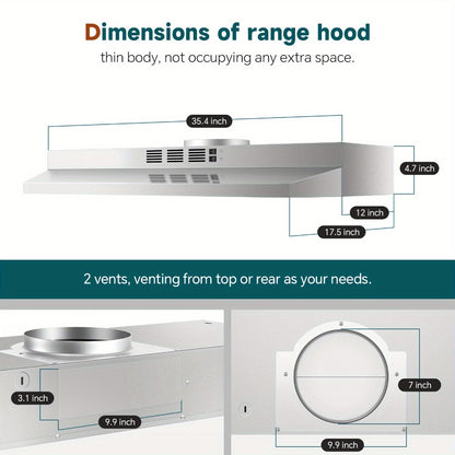 Range Hood 36 Inch Under Cabinet Ducted Ductless Convertible Stainless Steel 350CFM 2-Speed Exhaust Fan LED Light 3-Layer Aluminum Mesh Filter Top Rear Venting Kitchen Vent Hood