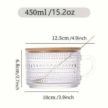 Glass Coffee Cups Set of 4 with Bamboo Lids and Spoons 450ml Vintage Embossed Iced Coffee Glasses for Cappuccino Latte Overnight Oats