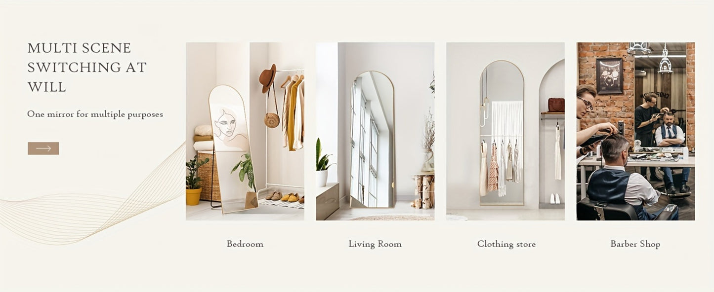 Full Length Floor Mirror with Stand – Arched & Rectangular Full Body Mirror, Aluminum Alloy Frame, Shatter-Proof Nano Glass, Bedroom Living Room Cloakroom Wall Leaning Mirror