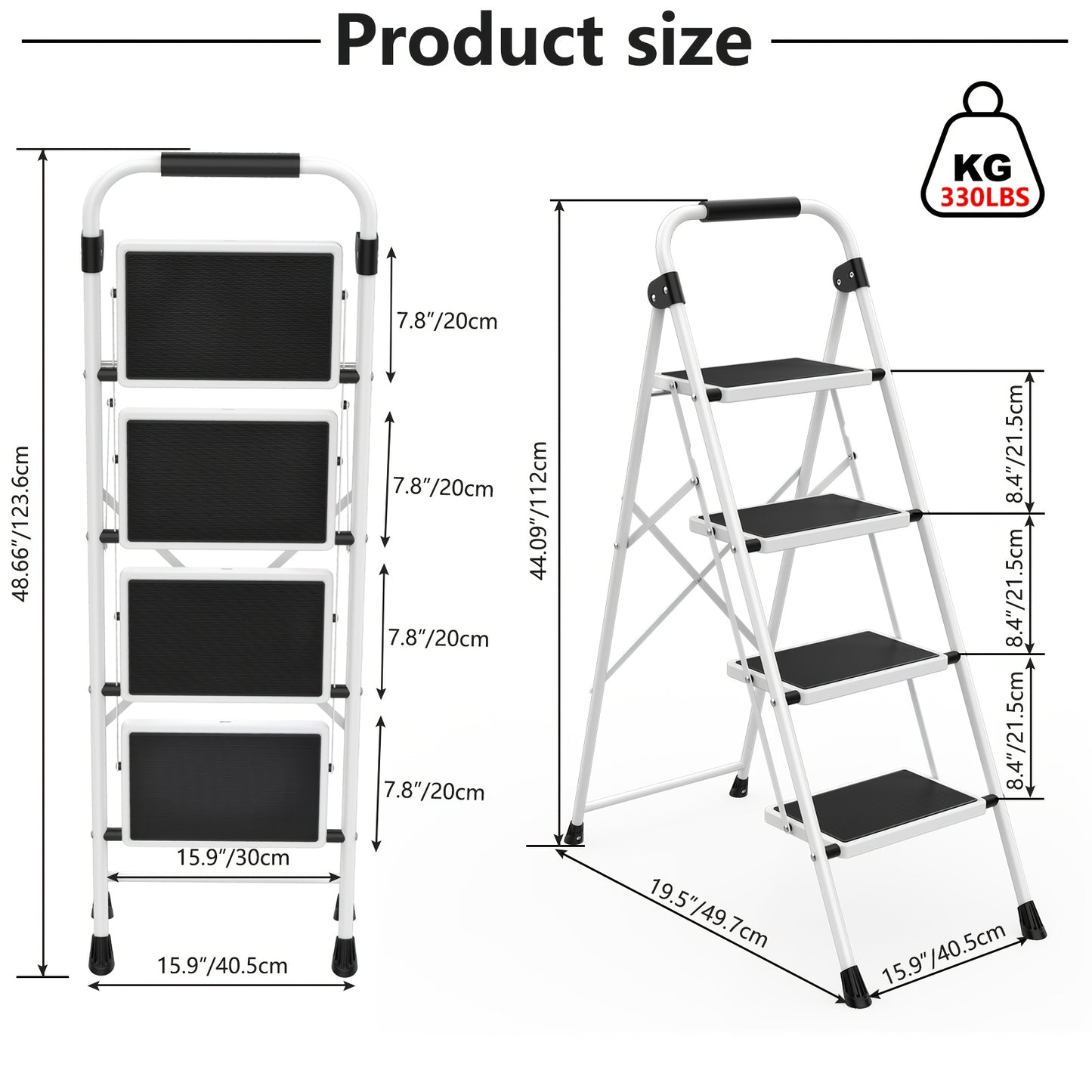 Heavy Duty Folding Steel Step Stool with Storage Shelf & Wide Anti-Slip Pedal, 800 lbs Capacity, 2/4-Step Sturdy Portable Step Ladder for Home, Garage & Workshop, Black, Grey & White