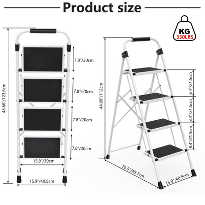 Heavy Duty Folding Steel Step Stool with Storage Shelf & Wide Anti-Slip Pedal, 800 lbs Capacity, 2/4-Step Sturdy Portable Step Ladder for Home, Garage & Workshop, Black, Grey & White