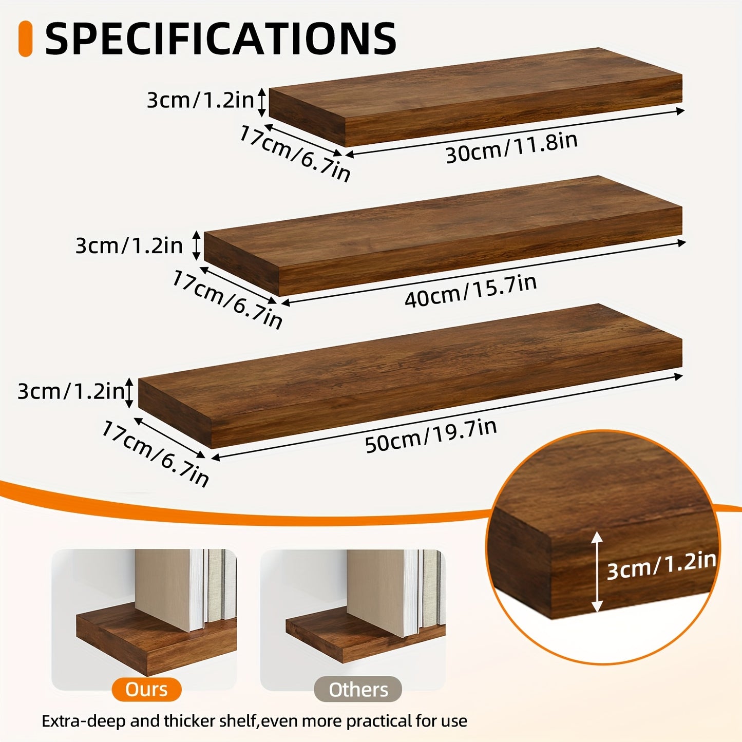 Floating Wall Shelves Set – Wooden Wall-Mounted Shelves for Living Room, Kitchen & Bathroom (2/4/6pcs, 15.7"/19.7"/22")