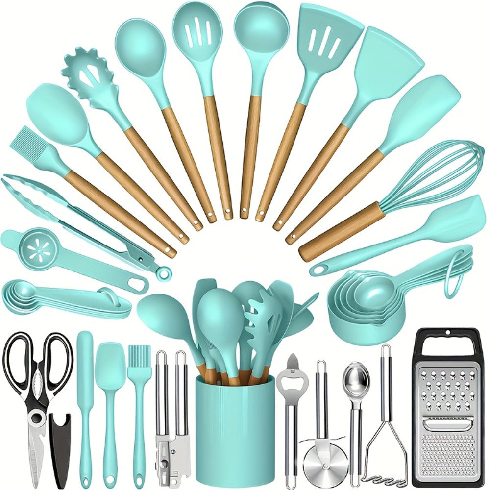 Silicone Cooking Utensils Set 35-Piece with Holder Rack Wooden Handle Heat Resistant Kitchen Tools for Non-Stick Pans – Complete Kitchen Utensil Set in Multiple Colors